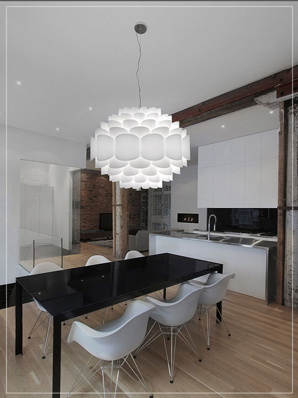 Modular Lamp Shade in White in a Dining Room.