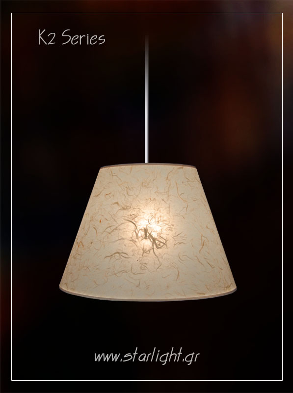 Pendant cone shaped lampshade made of rice paper.