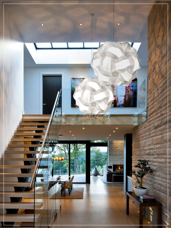 White Pendant Lamp Shade Flower Ball in a Living Room.