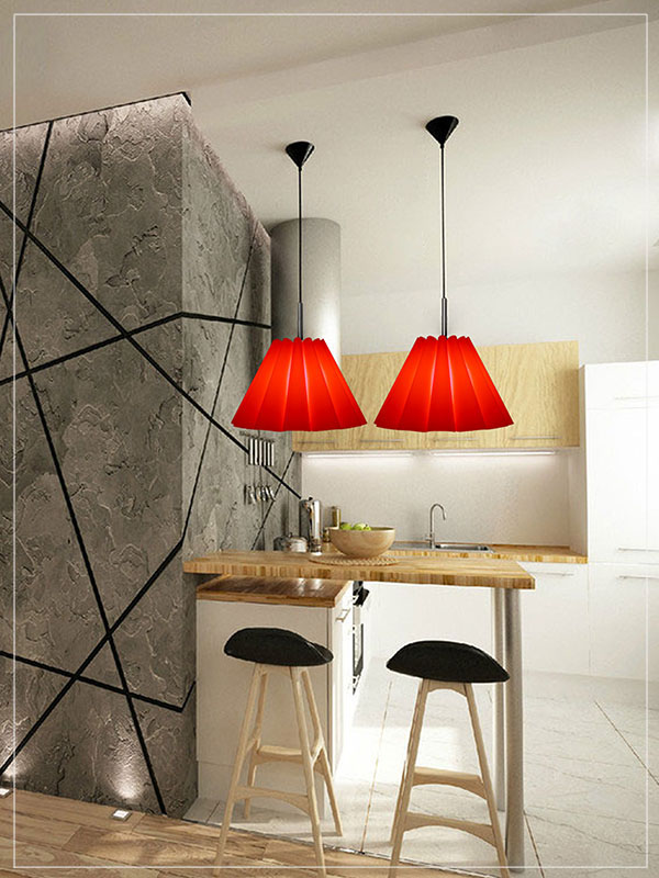 Red Pendant Lamp Shade Data in a Kitchen.