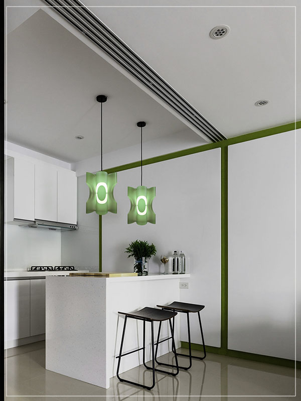 Contemporary Pendant Lamp Shade Sun in Green in a Kitchen.