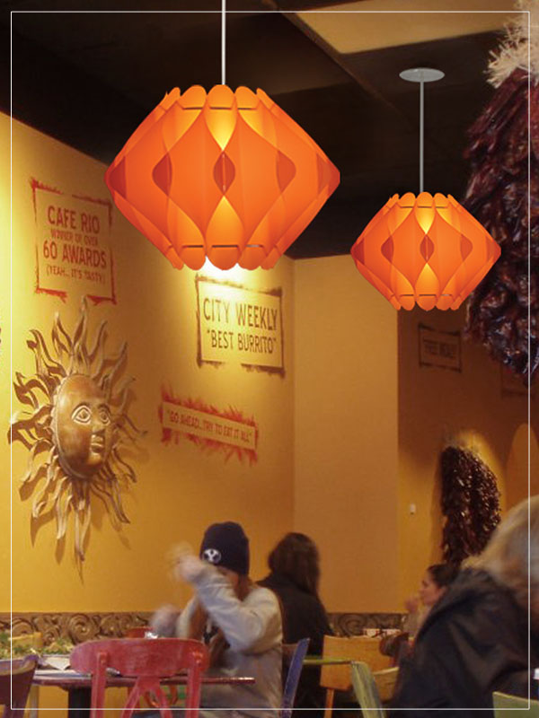 Orange Modular Pendant Lamp Shades Saporo in a restaurant.