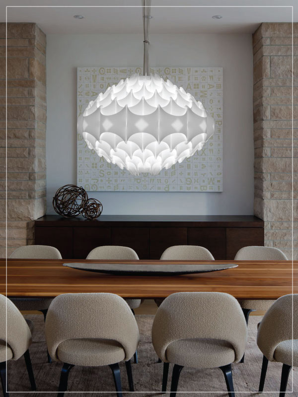 Contemporary Pendant Light Fixture Zenith in White in a Dining Room.