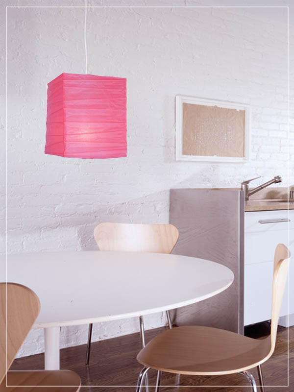 Pink square pendant lantern in a kitchen.