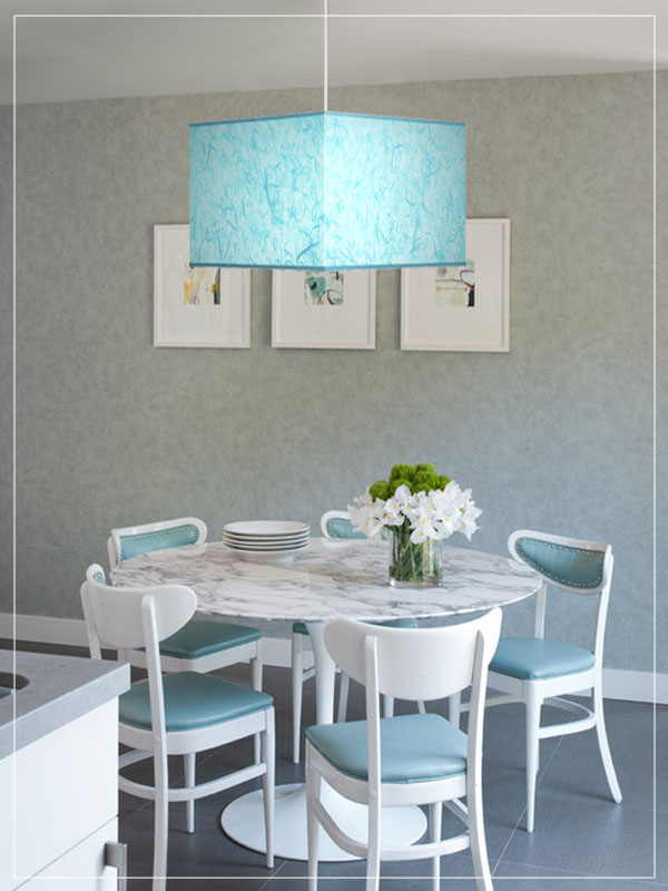 Recantgle pendant lampshade in ciel in a dining room.